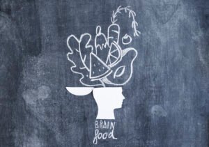 food drawn open head paper cutout with text chalkboard